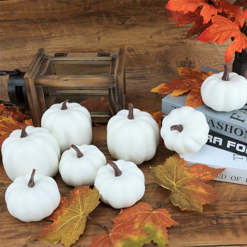 Ghrdopy Fake Pumpkins, 8 Pcs White Artificial Pumpkins, Plastic Pumpkins for Thanksgiving Party Table Centerpiece Autumn Home Decoration-A - Image 4