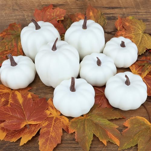 Ghrdopy Fake Pumpkins, 8 Pcs White Artificial Pumpkins, Plastic Pumpkins for Thanksgiving Party Table Centerpiece Autumn Home Decoration-A - Image 5