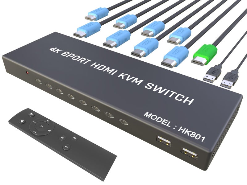KVM Switch HDMI 8 Port HDMI Switch with Remote USB Switch Selector for 8 Computers Share Keyboard Mouse PrinterFlash DriveHD Monitor Support 4K60Hz 8 KVM Cables 1 Remote Included