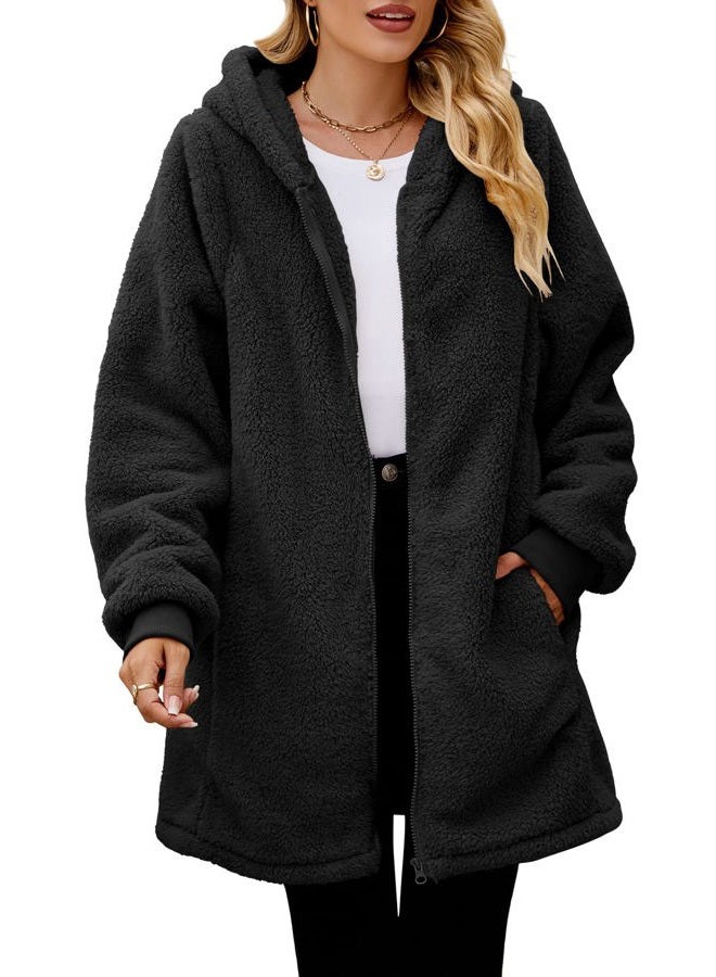 Yanekop Fleece Jacket Women Sherpa Lined Hooded Teddy Coat Oversized Shearling Jacket Warm Outerwear(C Burgundy,S) - Image 2