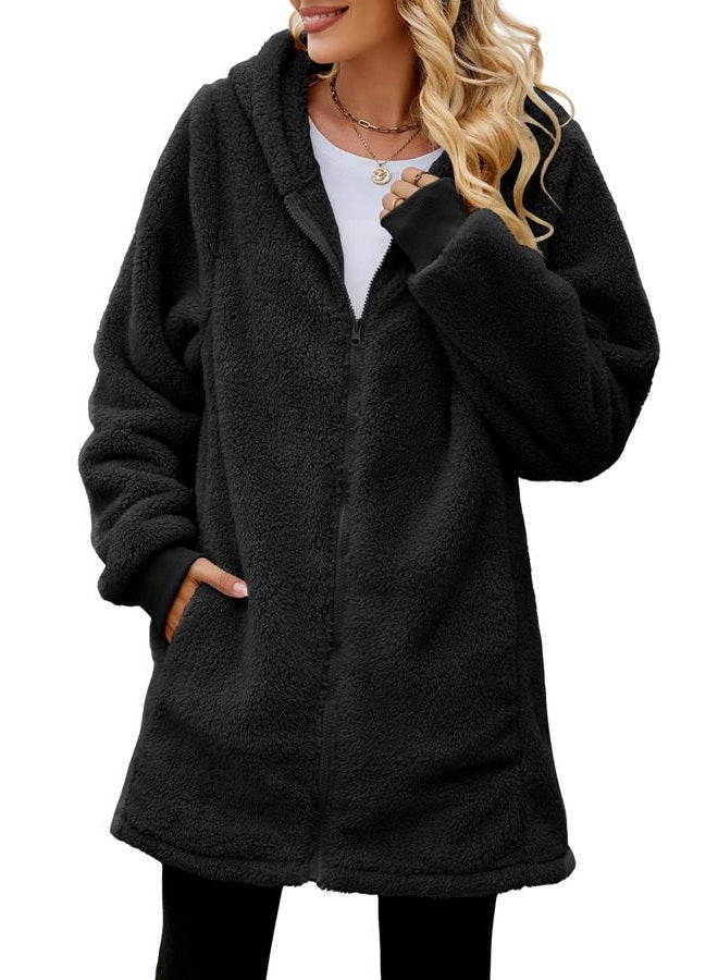 Yanekop Fleece Jacket Women Sherpa Lined Hooded Teddy Coat Oversized Shearling Jacket Warm Outerwear(C Burgundy,S) - Image 3