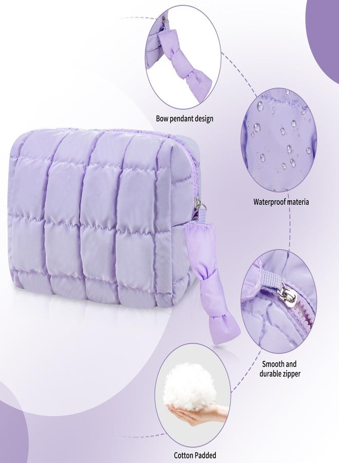 Gosect Quilted Cute Makeup Bag, Checkered Cosmetic Bags with Divider, Waterproof Travel Toiletry Bag, Puffy Make up Pouch for Women Travel Essentials, Bow-Purple, Medium, Bow - Image 5