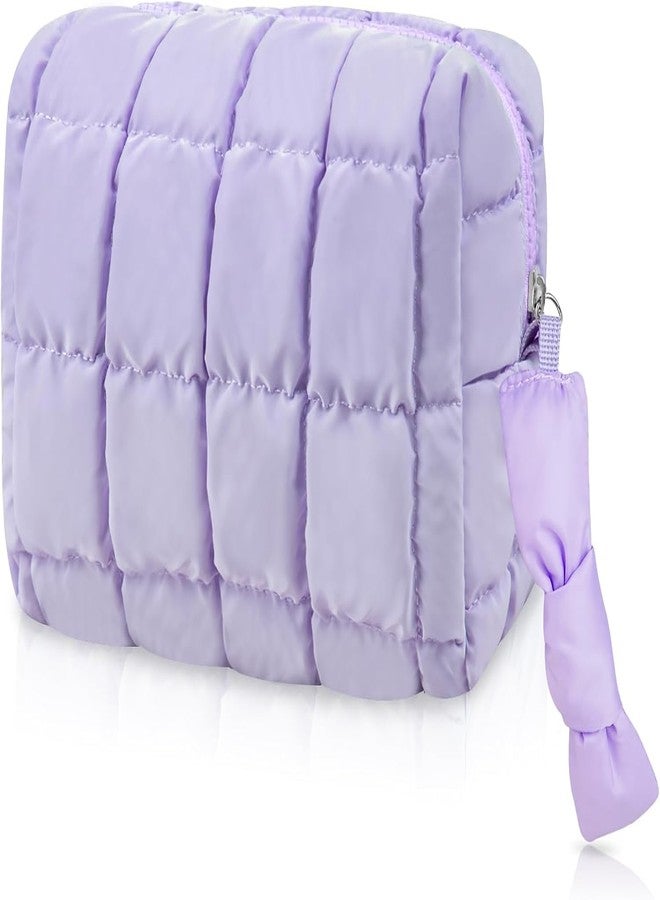 Gosect Quilted Cute Makeup Bag, Checkered Cosmetic Bags with Divider, Waterproof Travel Toiletry Bag, Puffy Make up Pouch for Women Travel Essentials, Bow-Purple, Medium, Bow - Image 1