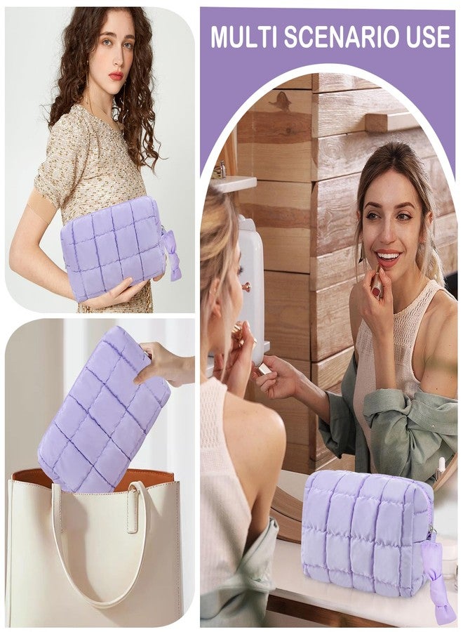 Gosect Quilted Cute Makeup Bag, Checkered Cosmetic Bags with Divider, Waterproof Travel Toiletry Bag, Puffy Make up Pouch for Women Travel Essentials, Bow-Purple, Medium, Bow - Image 3