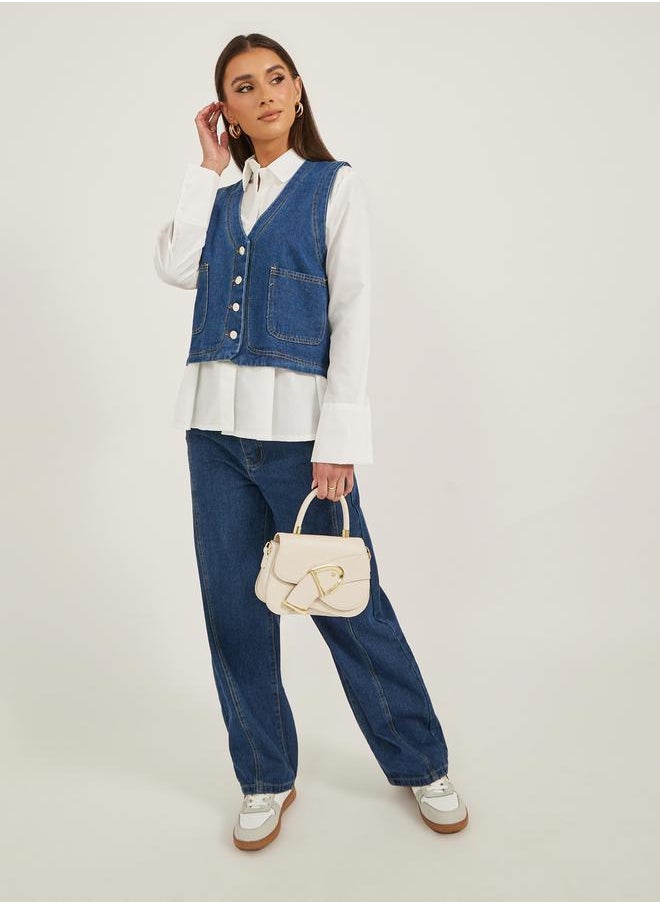 Styli Denim Buttoned Waistcoat with Pockets Detail  - Image 2