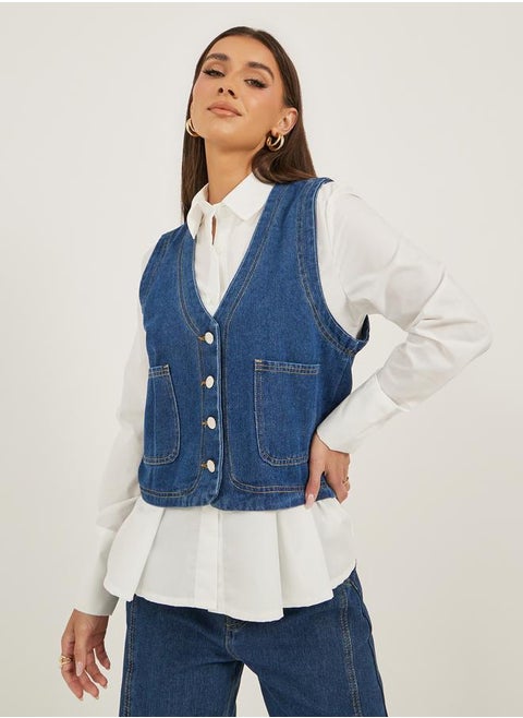 Denim Buttoned Waistcoat with Pockets Detail