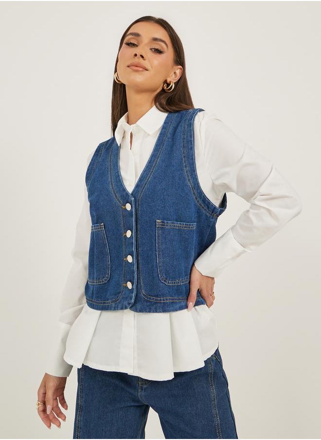 Styli Denim Buttoned Waistcoat with Pockets Detail  - Image 1