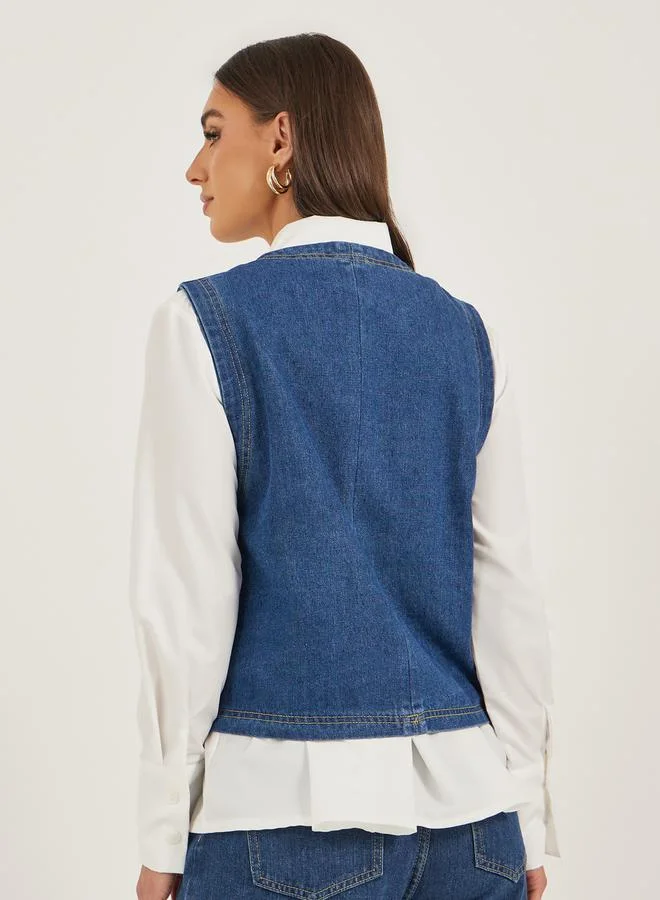 Styli Denim Buttoned Waistcoat with Pockets Detail