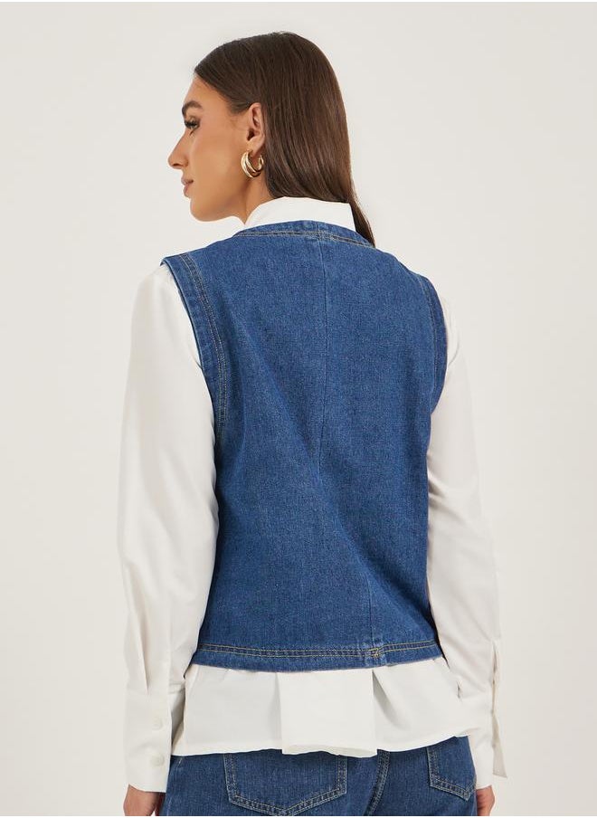 Styli Denim Buttoned Waistcoat with Pockets Detail  - Image 4