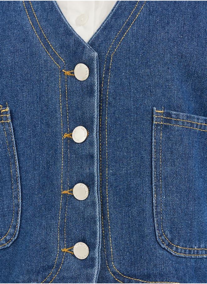 Styli Denim Buttoned Waistcoat with Pockets Detail  - Image 3