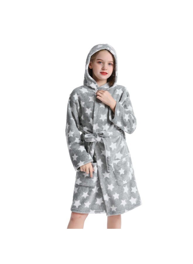 V.&GRIN Girls Fleece Robe, Plush Hooded Soft Fuzzy Warm Fluffy Bathrobe for Kids 5-14 Years, Star Gray, 5-6 years - Image 1
