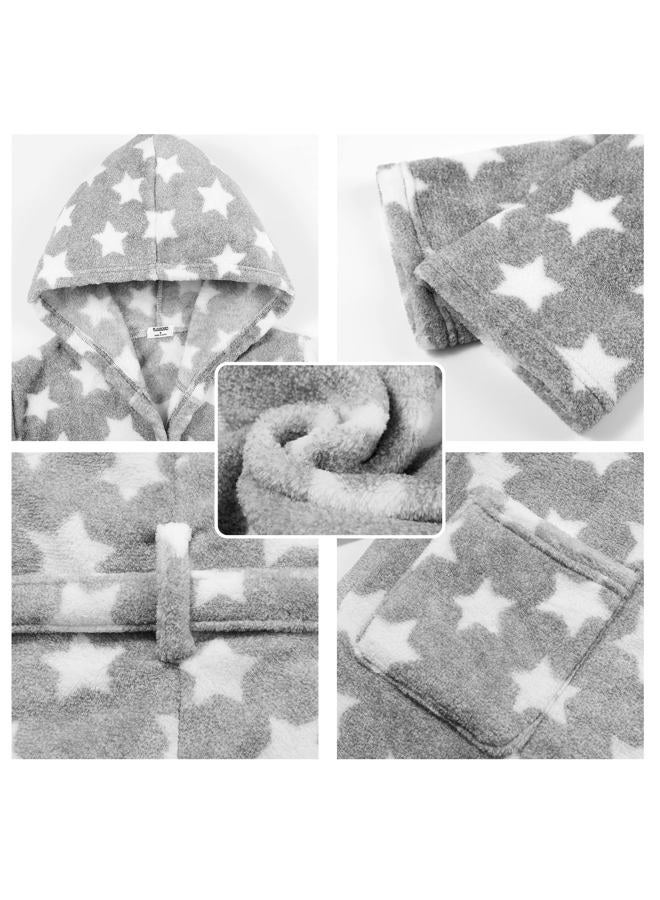 V.&GRIN Girls Fleece Robe, Plush Hooded Soft Fuzzy Warm Fluffy Bathrobe for Kids 5-14 Years, Star Gray, 5-6 years - Image 4