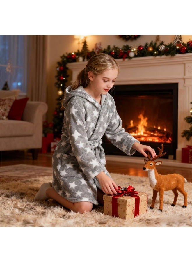 V.&GRIN Girls Fleece Robe, Plush Hooded Soft Fuzzy Warm Fluffy Bathrobe for Kids 5-14 Years, Star Gray, 5-6 years - Image 2