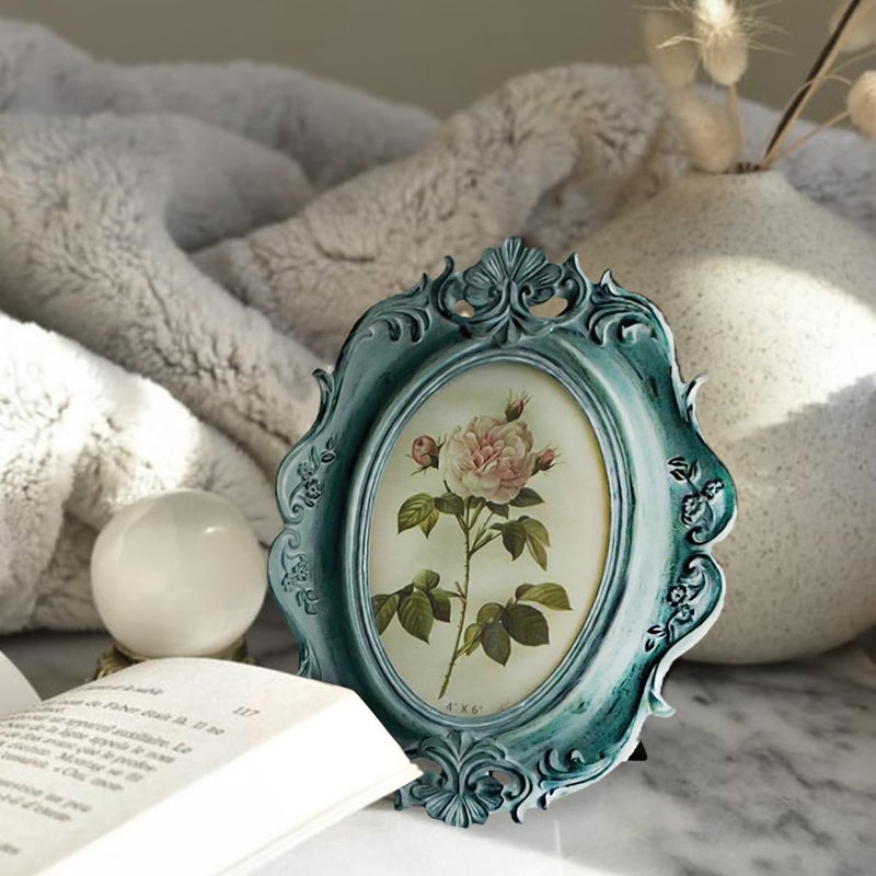 CISOO Vintage 4x6 Oval Picture Frame Antique Photo Frame Table Top Display and Wall Hanging, Retro Home Decor, Ornate Photo Gallery Art (Blue) - Image 3