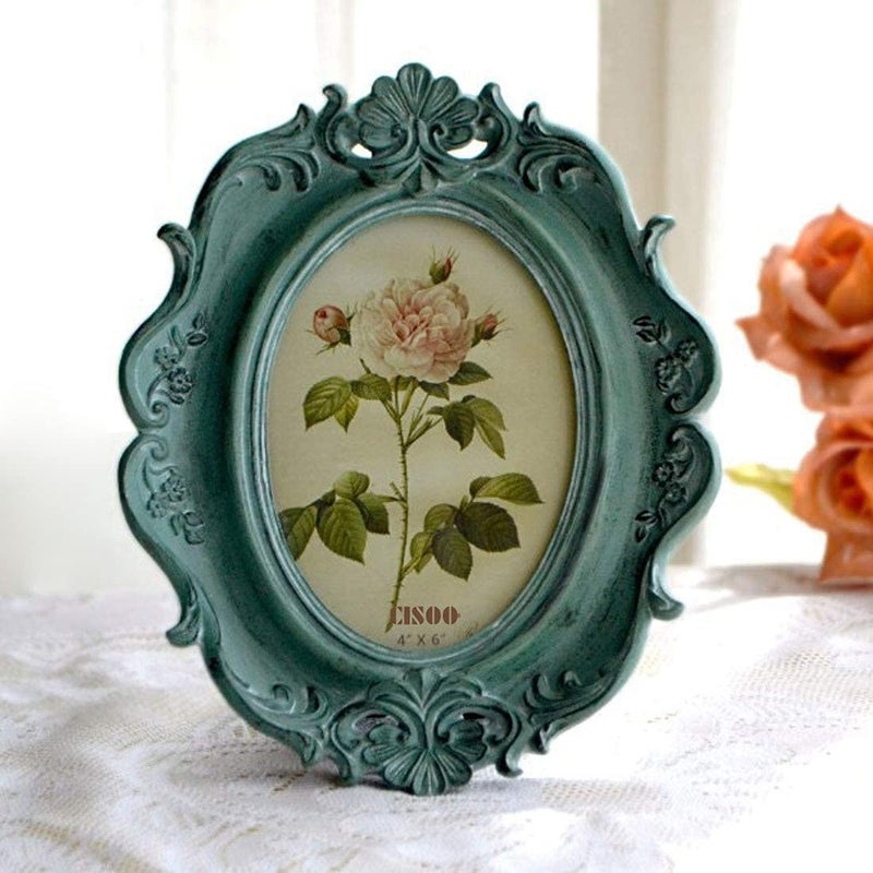 CISOO Vintage 4x6 Oval Picture Frame Antique Photo Frame Table Top Display and Wall Hanging, Retro Home Decor, Ornate Photo Gallery Art (Blue) - Image 2