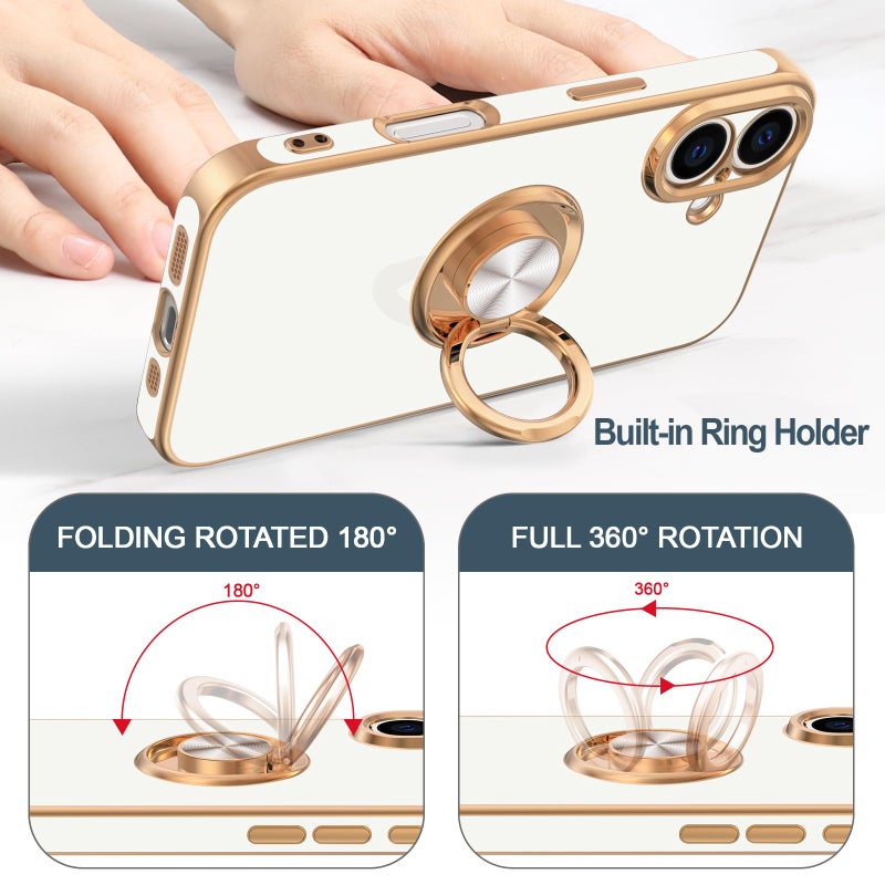 Hython for iPhone 16 Plus Case with Ring Stand, 360Â° Rotatable Ring Holder Magnetic Kickstand, Plating Rose Gold Edge Soft Cover Protective Phone Case for iPhone 16 Plus 6.7", White - Image 4