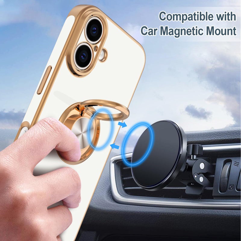 Hython for iPhone 16 Plus Case with Ring Stand, 360Â° Rotatable Ring Holder Magnetic Kickstand, Plating Rose Gold Edge Soft Cover Protective Phone Case for iPhone 16 Plus 6.7", White - Image 5
