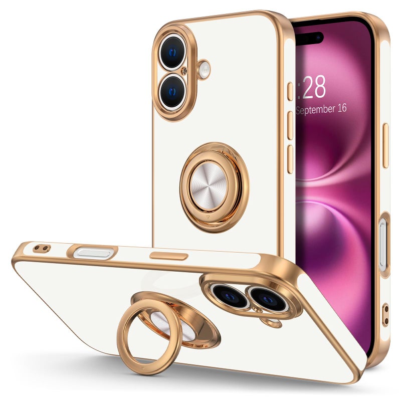 Hython for iPhone 16 Plus Case with Ring Stand, 360Â° Rotatable Ring Holder Magnetic Kickstand, Plating Rose Gold Edge Soft Cover Protective Phone Case for iPhone 16 Plus 6.7", White - Image 1
