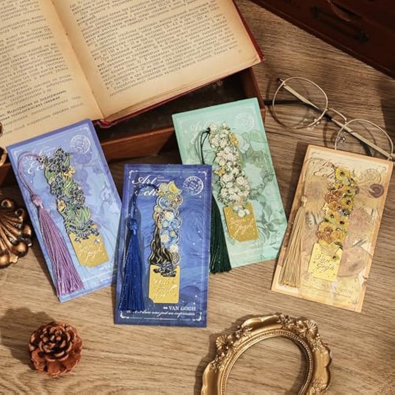 4 قطع علامات كتب معدنية مع خيوط، علامة كتاب ذهبية مجوفة بموضوع لوحة فان جوخ ومونيه، علامات كتب لمحبي الكتب والكتّاب والقرّاء والأطفال والمراهقين والنساء والبالغين - Image 4