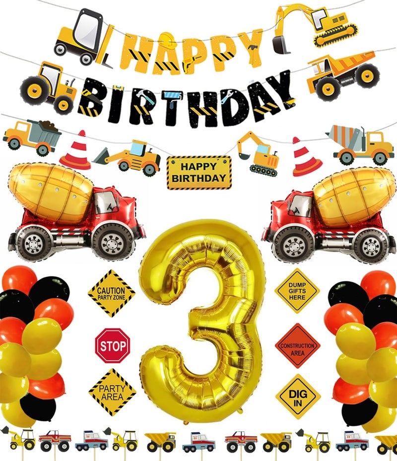 FIGEPO Construction 3rd Birthday Party Supplies for Boys with Dump Truck Theme Includes Cake Toppers Balloons Banners Signs and More - Image 3