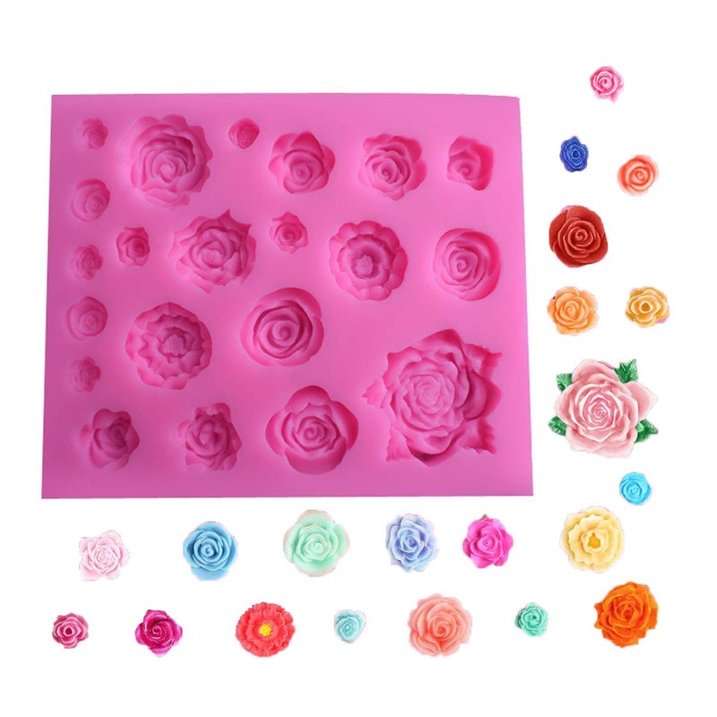 OBTANIM Silicone 21 Cavity Rose Flower Fondant Mold Cake Cupcake Top Decoration Mould for Chocolate Handmade Candy