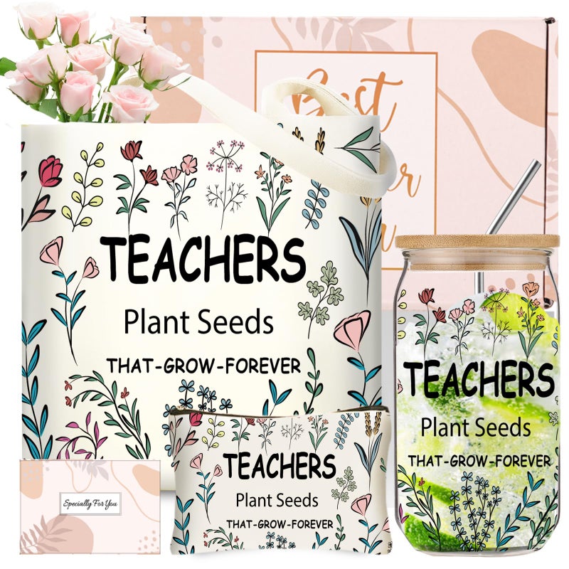 DHQH Teacher Christmas Gifts for Women  Teacher Appreciation Gifts  Funny hanksgiving Set with 16OZ Glass Cup  Tote Bag for New - Image 1