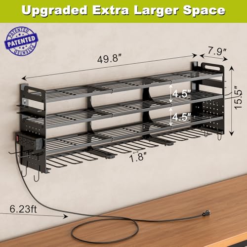 SEEAHEAD 12 Cordless Drill Holder Large Power Tool Organizer Wall Mount with Side Pegboard Screwdriver Holder 4Tier Heavy Duty Metal Tool Storage Rack with 4Outlet Power Strip - Image 3