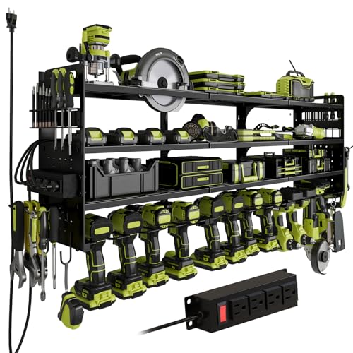 SEEAHEAD 12 Cordless Drill Holder Large Power Tool Organizer Wall Mount with Side Pegboard Screwdriver Holder 4Tier Heavy Duty Metal Tool Storage Rack with 4Outlet Power Strip - Image 1