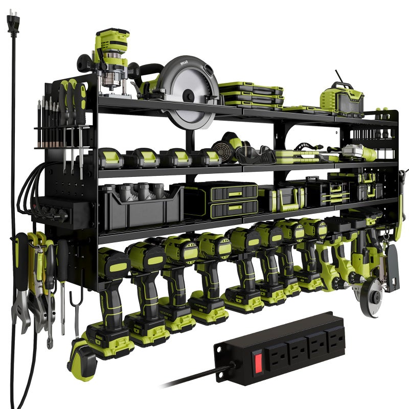 SEEAHEAD 12 Cordless Drill Holder Large Power Tool Organizer Wall Mount with Side Pegboard Screwdriver Holder 4Tier Heavy Duty Metal Tool Storage Rack with 4Outlet Power Strip - Image 2