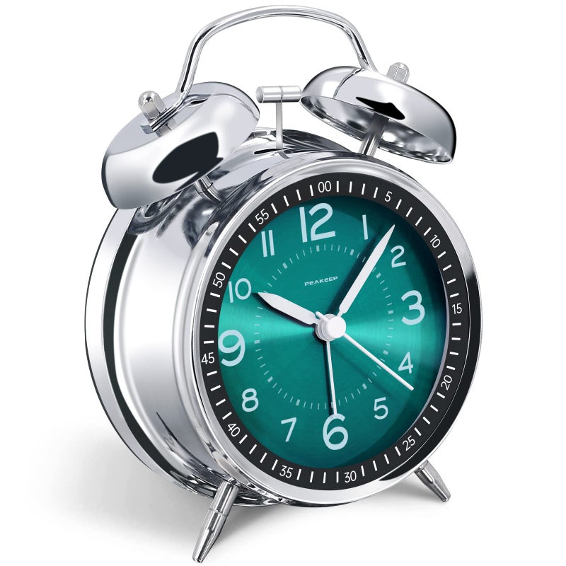 Peakeep Loud Alarm Clock for Heavy Sleepers Adults Metal 4 Inches Twin Bell Battery Operated Alarm Clocks for Bedrooms Decoration Peacock Green