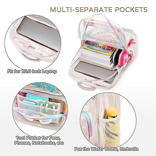 KIDNUO Clear Backpack for Girls Women Transparent Kids Elementary College School Bag Travel Laptop Backpacks Large Bookbags (Beige) - Image 5