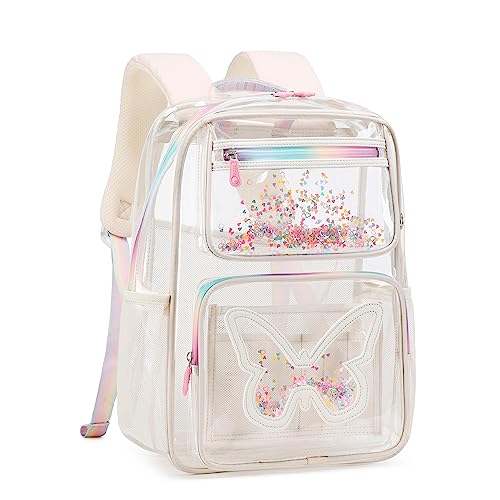 KIDNUO Clear Backpack for Girls Women Transparent Kids Elementary College School Bag Travel Laptop Backpacks Large Bookbags (Beige) - Image 1