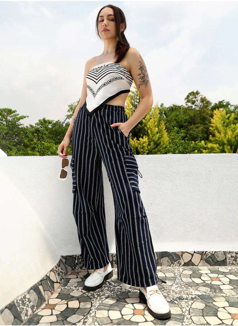 PINACOLADA Women's Midnight Black Striped Cargo Parachute Trousers