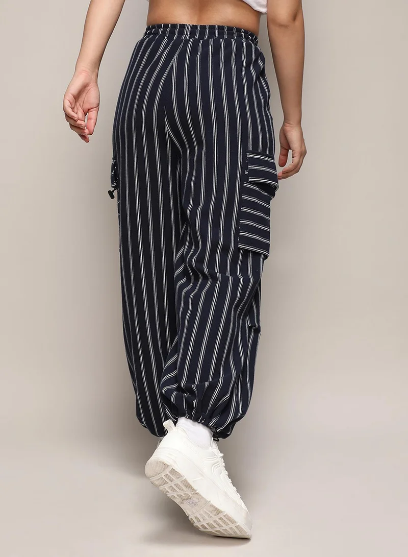 PINACOLADA Women's Midnight Black Striped Cargo Parachute Trousers