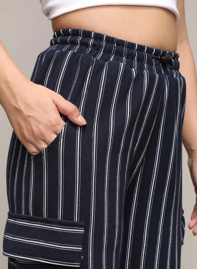 PINACOLADA Women's Midnight Black Striped Cargo Parachute Trousers