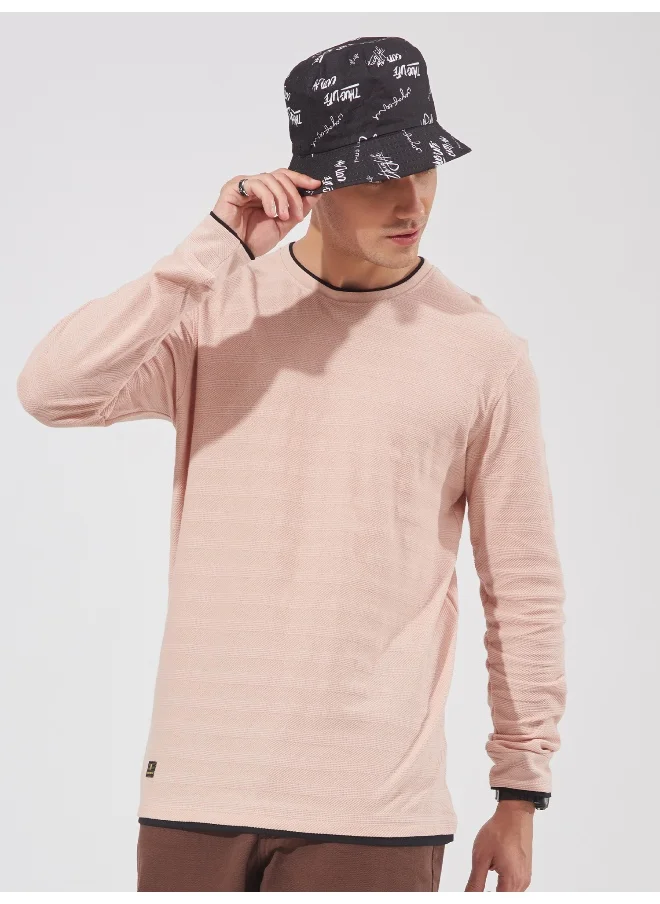 مانياك Mens Solid Round Neck Full Sleeve Pink Cotton Slim Fit T-Shirt