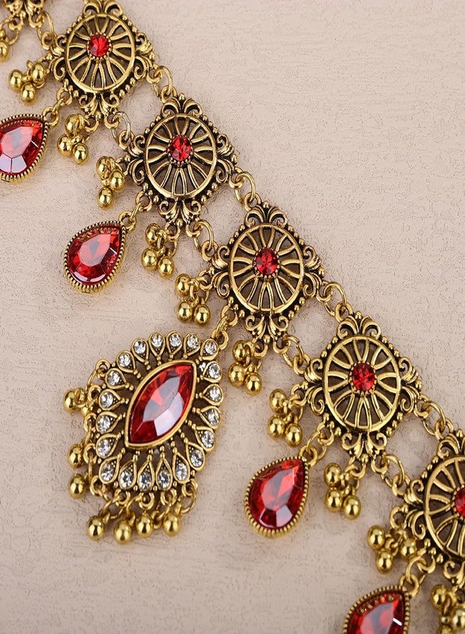 Chargances 3pcs Indian Wedding Bridal Traditional Jewelry Set Ethnic Crystal Necklace Earrings Bollywood Beaded Dangle Earring for Women Brides (Red) - Image 5
