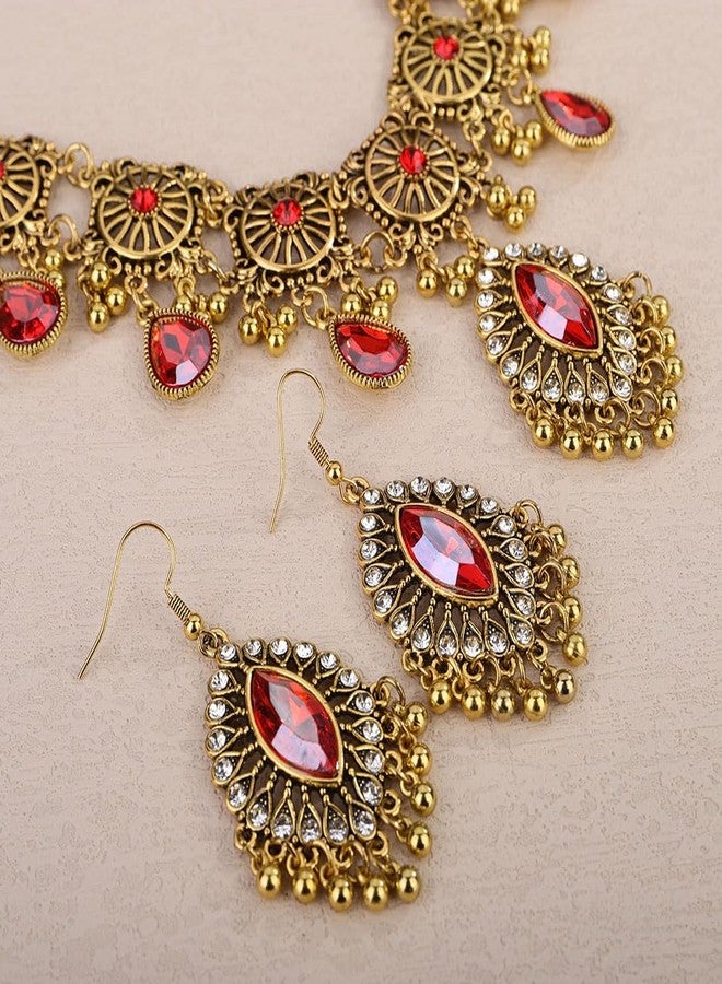 Chargances 3pcs Indian Wedding Bridal Traditional Jewelry Set Ethnic Crystal Necklace Earrings Bollywood Beaded Dangle Earring for Women Brides (Red) - Image 4