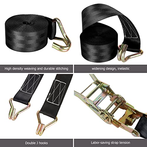 LISHINE 2 Pack 2 Inch Ratchet Straps Heavy Duty 20ft Tie Down Straps Ratchet with Double J Hook, 8000 LBS Break Strength, Cargo Ratchet Straps for Moving, Truck, Trailers, Motorcycles, Kayaks, Car Roof - Image 3
