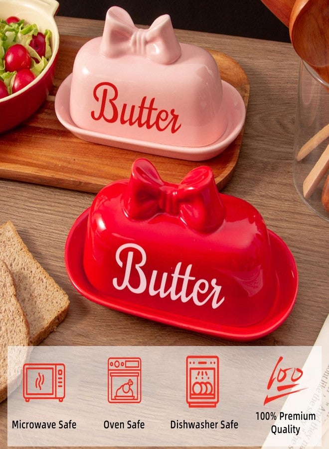 YumiPLUS Ceramic Red Butter Dish with Lid, Cute Bow Butter Holder, Covered Butter Container for Refrigerator, Porcelain Butter Keeper, Girly Kitchen Decor, Gift for Women (Red, Standard) - Image 2