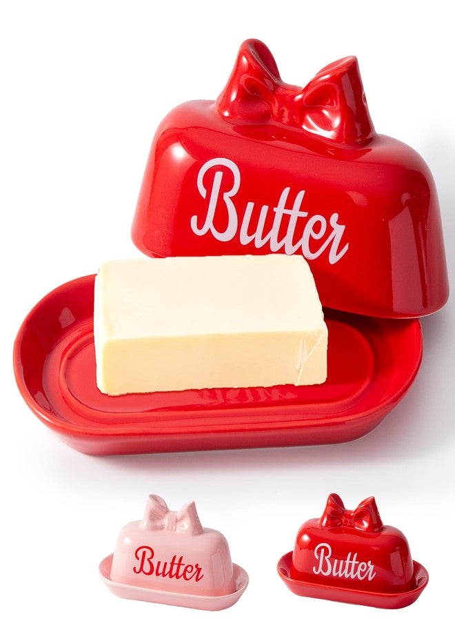 YumiPLUS Ceramic Red Butter Dish with Lid, Cute Bow Butter Holder, Covered Butter Container for Refrigerator, Porcelain Butter Keeper, Girly Kitchen Decor, Gift for Women (Red, Standard) - Image 1