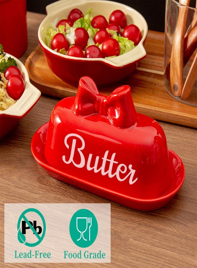 YumiPLUS Ceramic Red Butter Dish with Lid, Cute Bow Butter Holder, Covered Butter Container for Refrigerator, Porcelain Butter Keeper, Girly Kitchen Decor, Gift for Women (Red, Standard) - Image 3