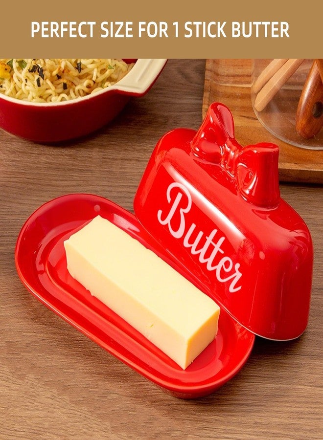 YumiPLUS Ceramic Red Butter Dish with Lid, Cute Bow Butter Holder, Covered Butter Container for Refrigerator, Porcelain Butter Keeper, Girly Kitchen Decor, Gift for Women (Red, Standard) - Image 4