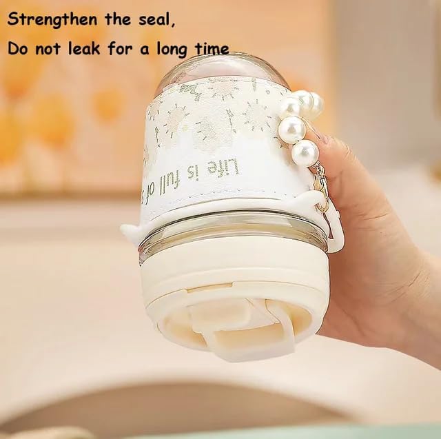 HEJISUN HEJISUN Glass Coffee Mugs with Pearl Chain Belt SleeveReusable Travel Sipper with Double Drink Straw and LidsKids Girls Tumbler for Juice Smoothies Milk Cups 350 MlPack of 1  - Image 4