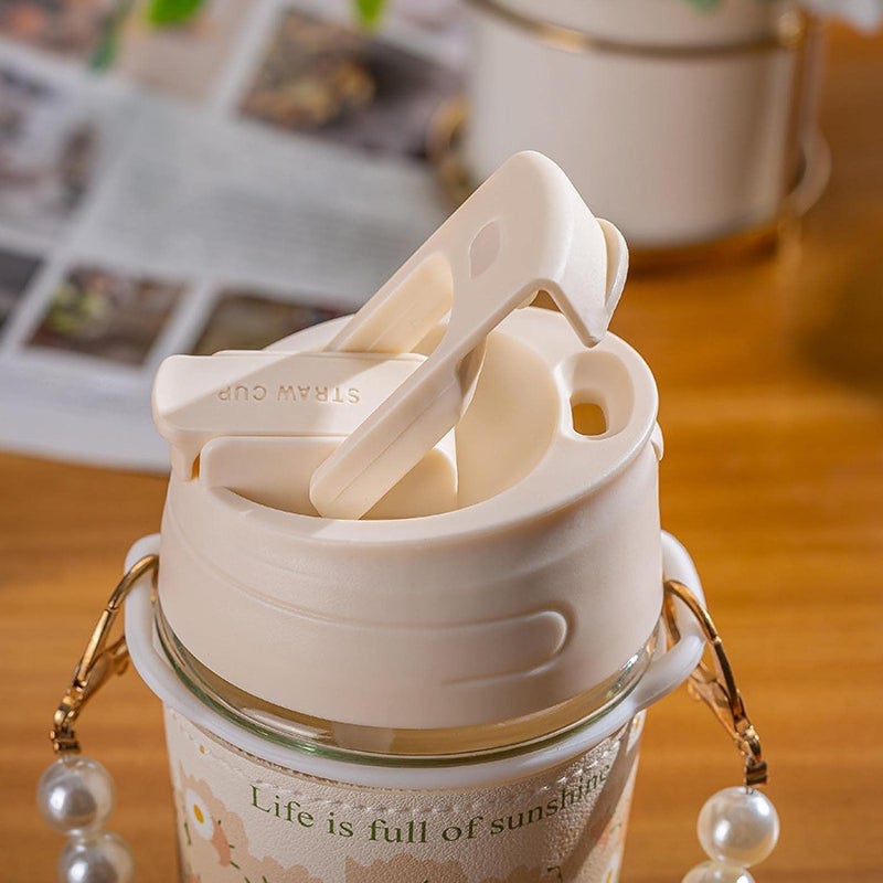 HEJISUN HEJISUN Glass Coffee Mugs with Pearl Chain Belt SleeveReusable Travel Sipper with Double Drink Straw and LidsKids Girls Tumbler for Juice Smoothies Milk Cups 350 MlPack of 1  - Image 3