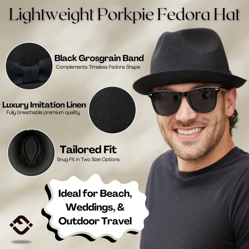 Funky Junque Menâ€™s Pork Pie Fedora Hat â€“ Lightweight Imitation Linen Sun Hat with Grosgrain Band, Breathable and Durable Beach Fedoras Summer Style - Black (Small/Medium) - Image 2