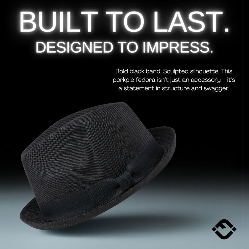 Funky Junque Menâ€™s Pork Pie Fedora Hat â€“ Lightweight Imitation Linen Sun Hat with Grosgrain Band, Breathable and Durable Beach Fedoras Summer Style - Black (Small/Medium) - Image 3