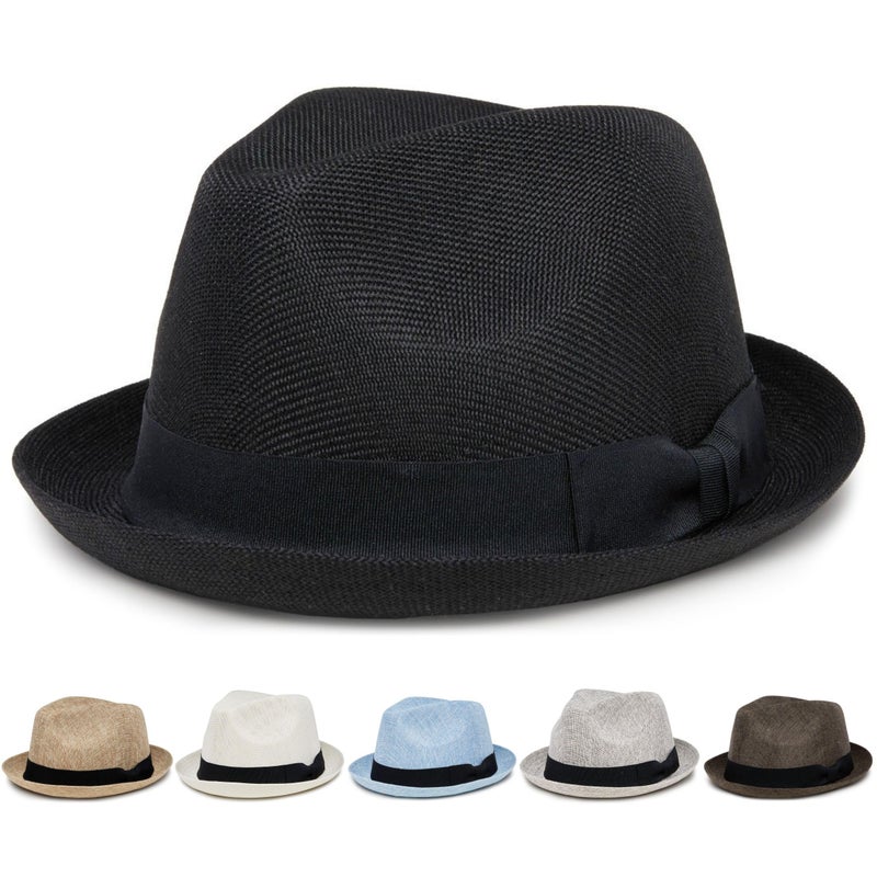 Funky Junque Menâ€™s Pork Pie Fedora Hat â€“ Lightweight Imitation Linen Sun Hat with Grosgrain Band, Breathable and Durable Beach Fedoras Summer Style - Black (Small/Medium) - Image 1