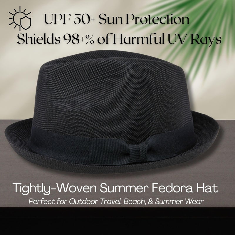 Funky Junque Menâ€™s Pork Pie Fedora Hat â€“ Lightweight Imitation Linen Sun Hat with Grosgrain Band, Breathable and Durable Beach Fedoras Summer Style - Black (Small/Medium) - Image 4