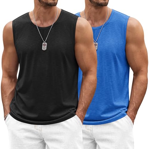 COOFANDY Boxing Gym Shirts for Men Trainning 2 Pack Workout Tank Top Muscle Sleeveless T Shirts, Large BlackBlue - Image 1